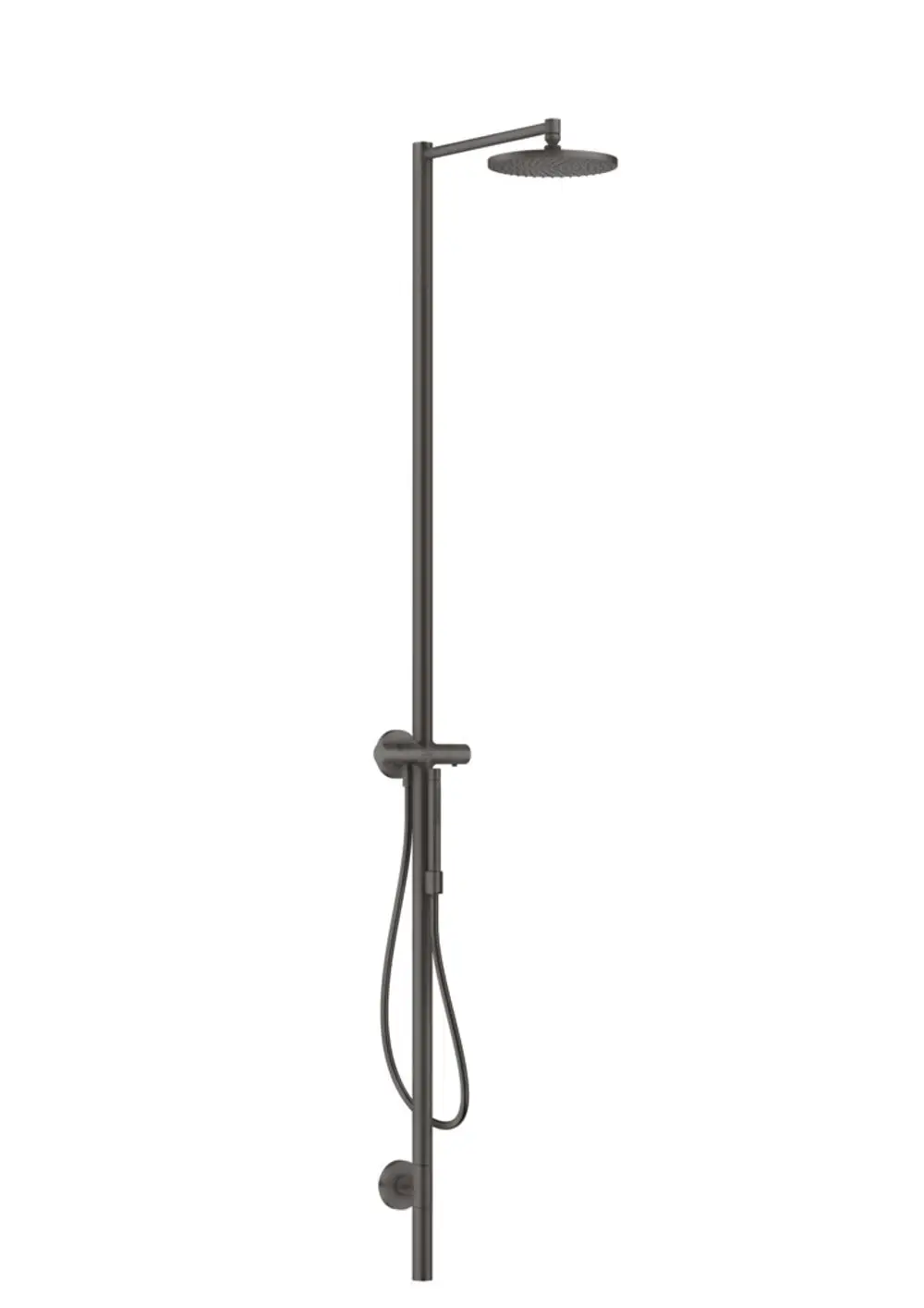 Duschsäule in Brushed Black Chrome mit Kopfbrause und Thermostat, installiert an einer Wand, präsentiert von der Marke AXOR.